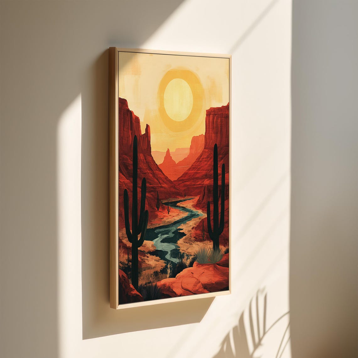 Bright Desert Canyon Under Full Sun With River Landscape Poster