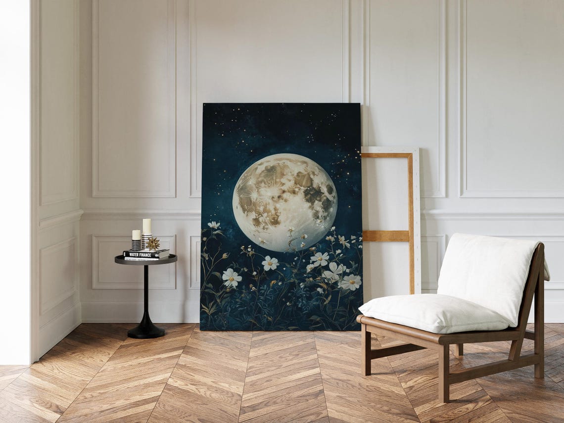 Full Moon Rising Over White Wildflowers Starry Night Art Poster - Image 4