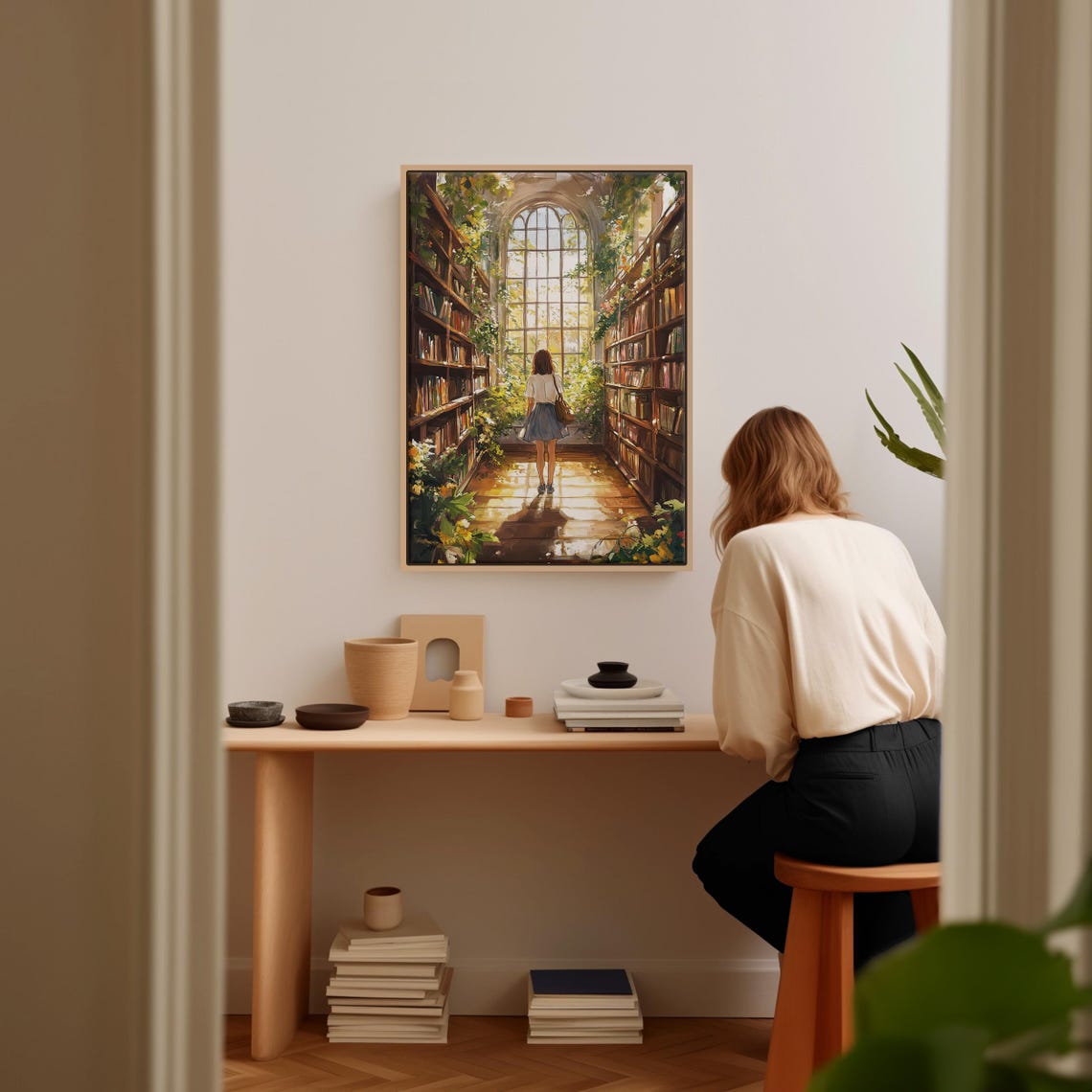 Woman Walking Toward Arched Window In Sunlit Botanical Library Poster - Image 2