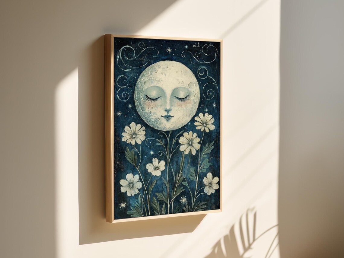 Smiling Sleeping Moon Over Wildflowers Starry Night Folk Art Poster - Image 4