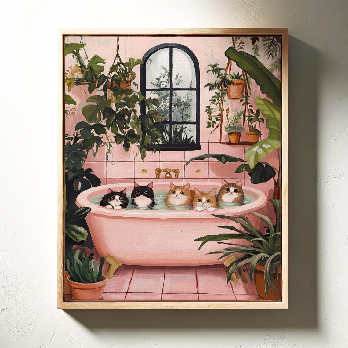 Five Cute Cats In Pink Bathtub Whimsical Bathroom Illustration Poster - Image 5