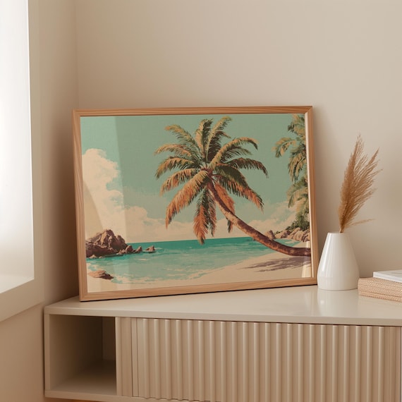 Vintage Palm Tree Beach With Turquoise Ocean Travel Style Poster
