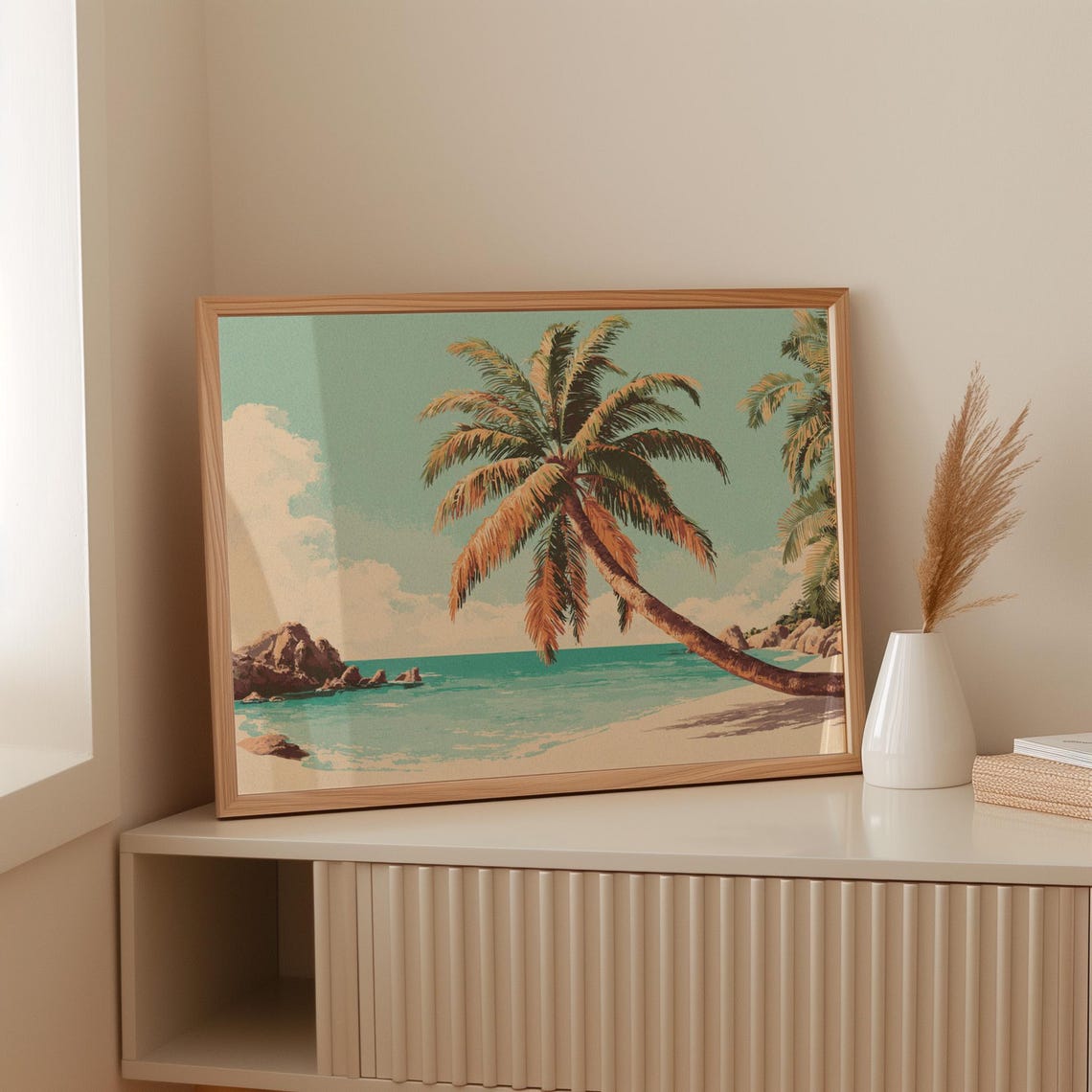 Vintage Palm Tree Beach With Turquoise Ocean Travel Style Poster