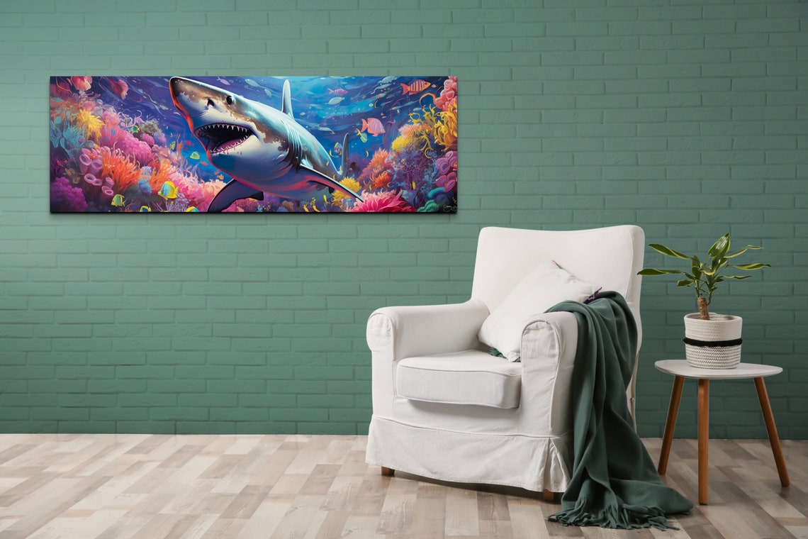 Great White Shark Coral Reef Vibrant Ocean Wildlife Art Poster - Image 5
