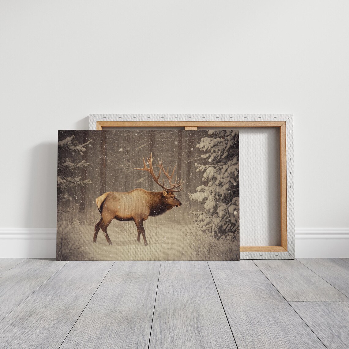 Bull Elk Walking Through A Snowy Forest In Falling Snow Winter Poster - Image 7