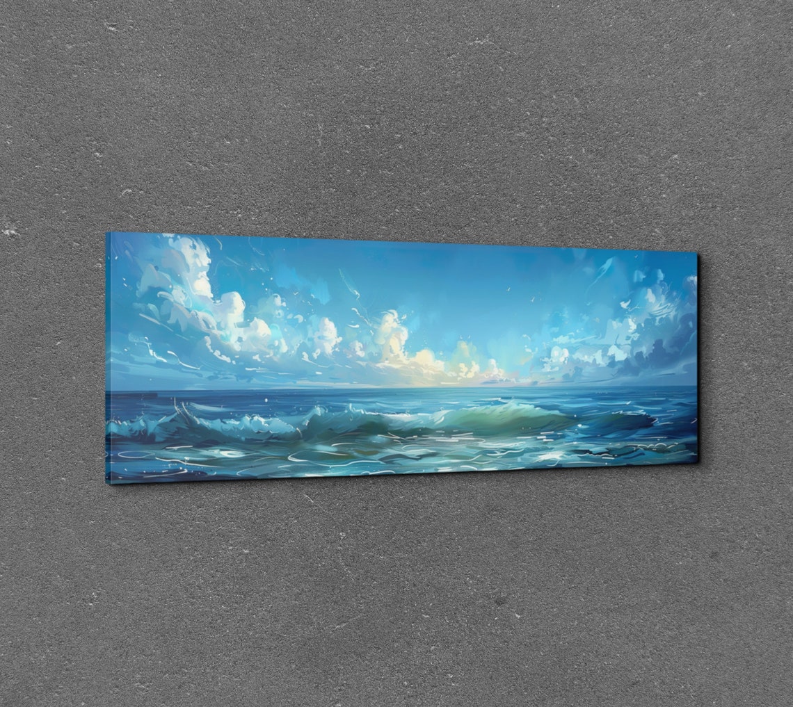 Blue Ocean Waves Under Cloudy Sky Coastal Seascape Art Poster - Image 3