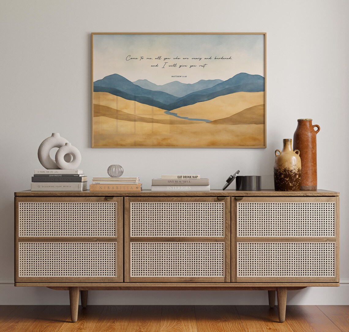Matthew 11:28 Bible Verse, Watercolor Mountains Stream - Image 2