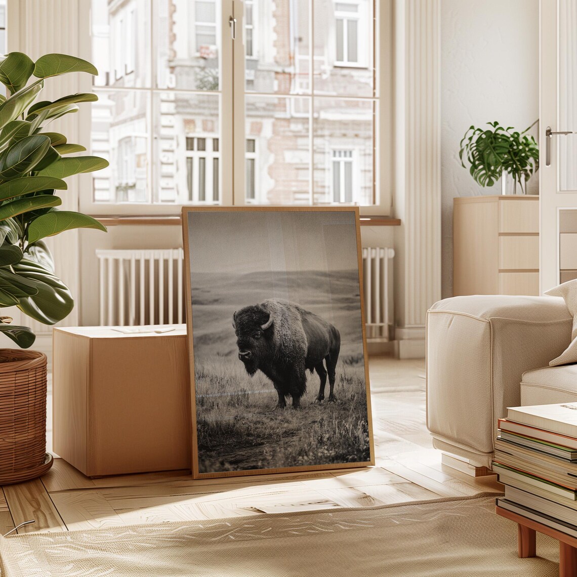 Lone Bison Black and White Wildlife Photography Nature Poster