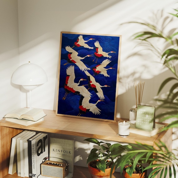 Flying Red Crowned Cranes Cobalt Blue Japanese Style Art Poster