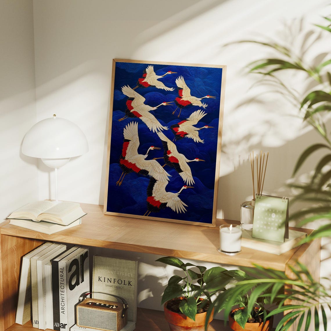 Flying Red Crowned Cranes Cobalt Blue Japanese Style Art Poster