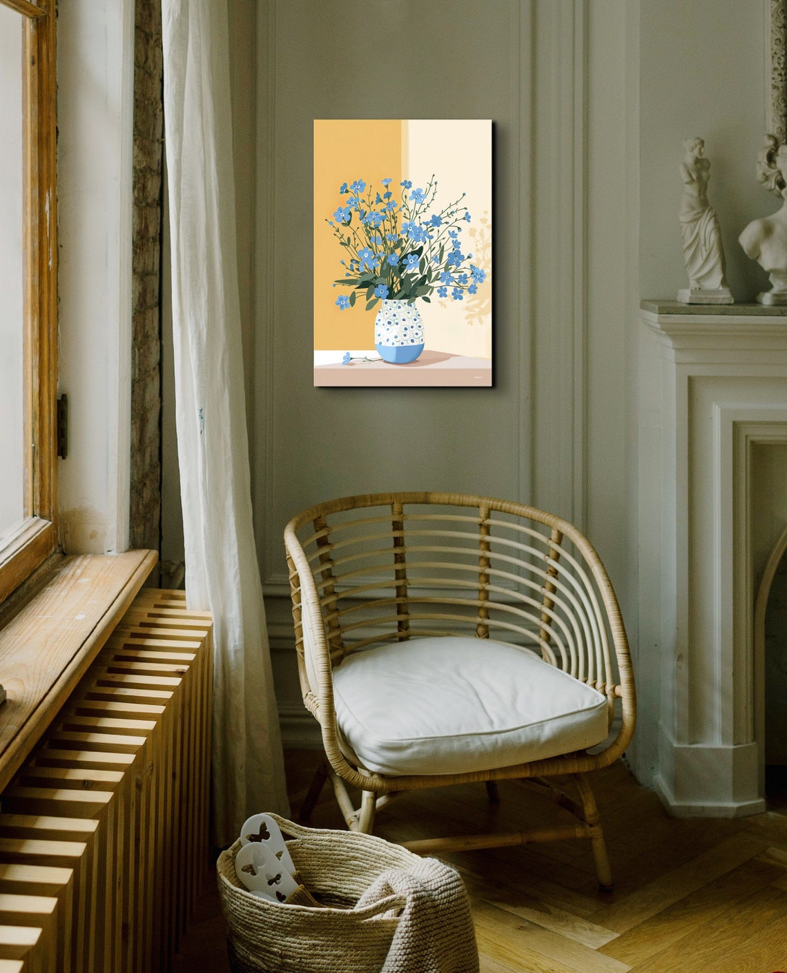 Blue Wildflowers in Patterned Vase Mustard Modern Floral Poster - Image 5