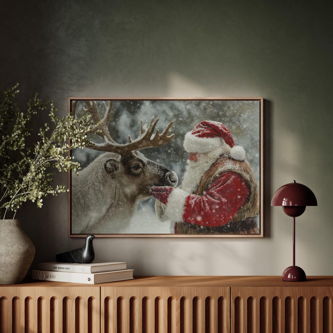 Santa Claus Feeding His Reindeer Nose To Nose In Falling Snow Poster - Image 4