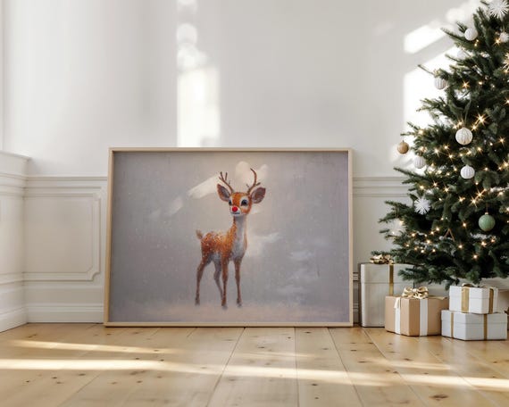 Rudolph Reindeer Canvas Wall Art Red Nose Christmas Deer Painting Cute Winter Holiday Animal Print For Kids Nursery Festive Dcor