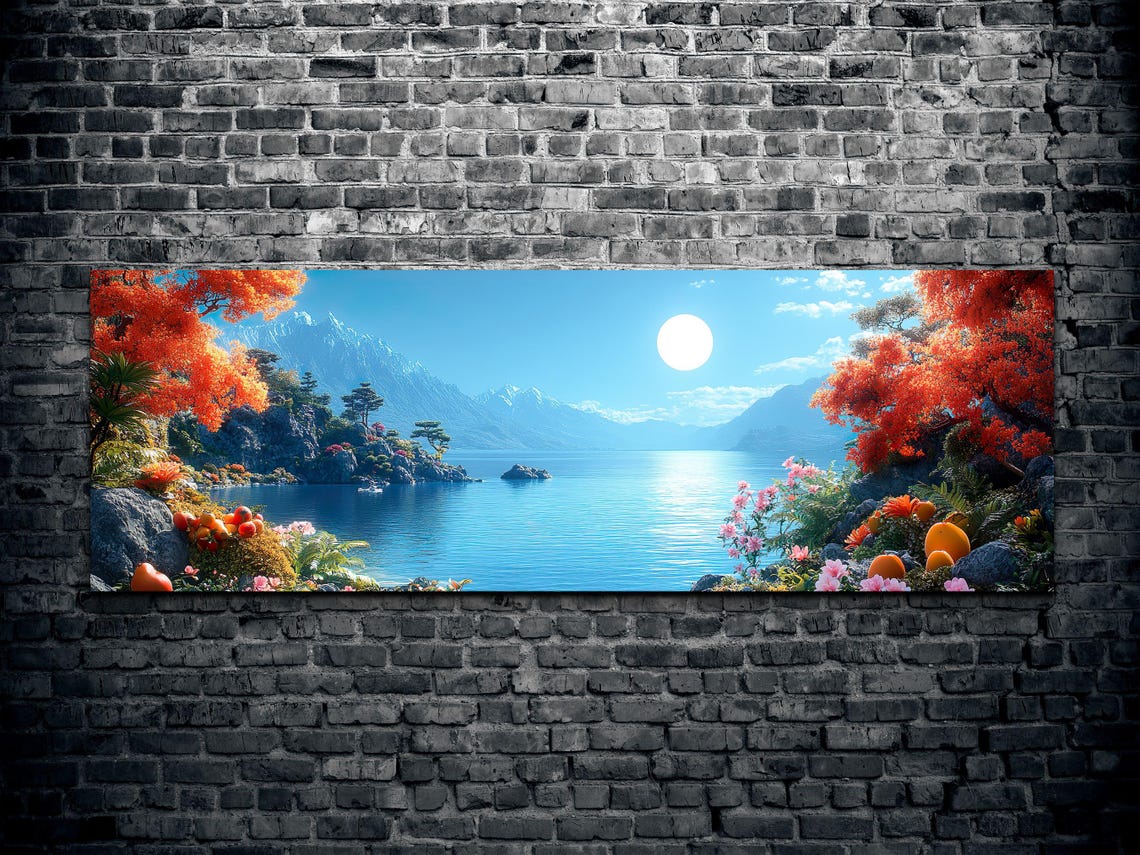 Autumn Lakeshore Orange Trees Mirror Lake Mountain Scene Poster - Image 2