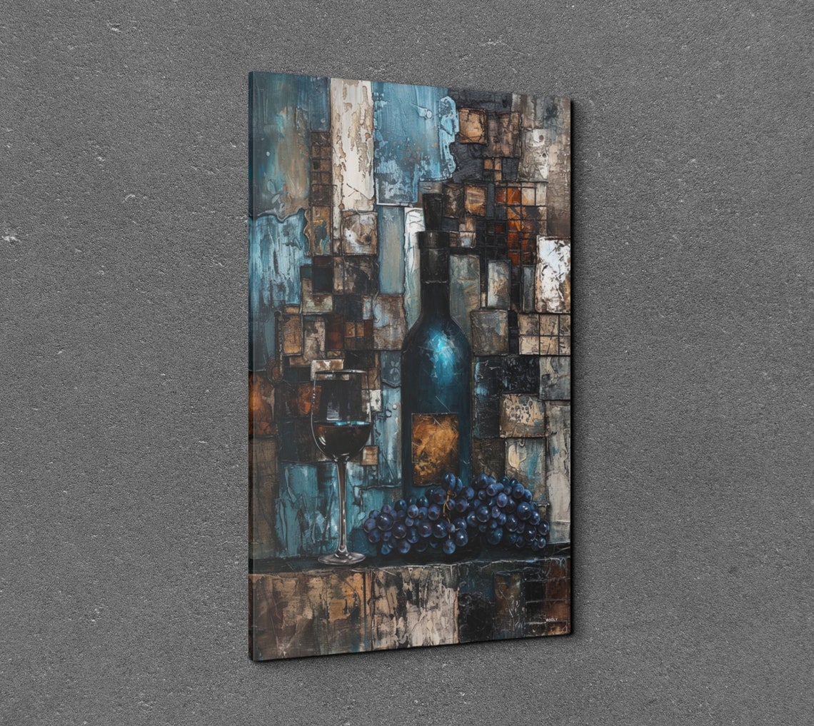 Blue Wine Bottle Glass Grapes Abstract Mosaic Still Life Poster - Image 6