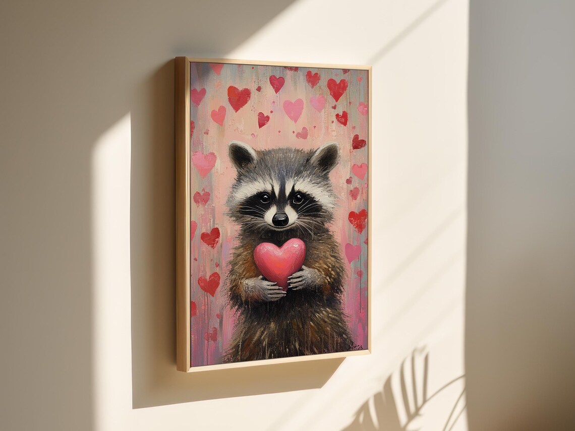 Whimsical Raccoon Holding A Heart, Romantic Decor - Image 5