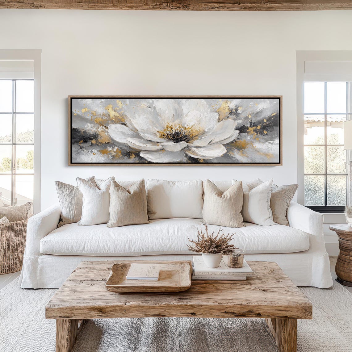 White Magnolia Gold Abstract Floral Gray Textured Modern Art Poster - Image 4