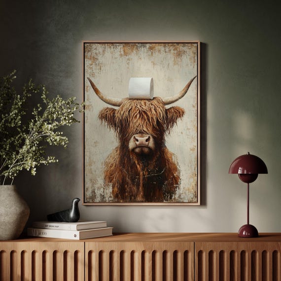 Highland Cow Bathroom Humor Art Print, Rustic Farmhouse