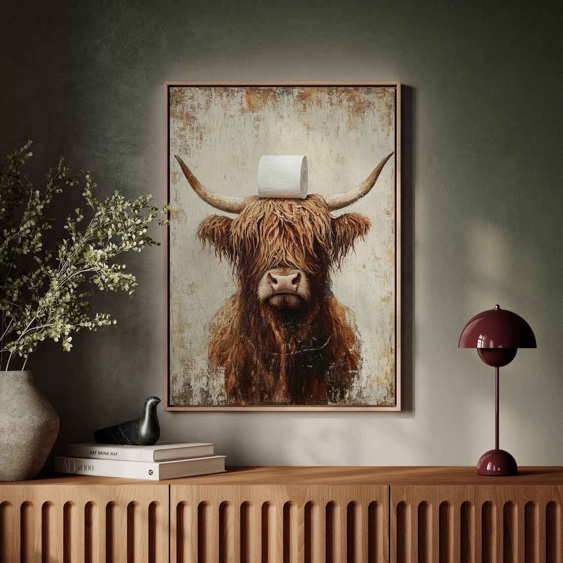 Highland Cow Bathroom Humor Art Print, Rustic Farmhouse