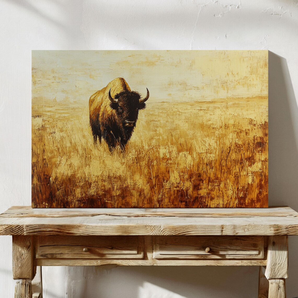 Buffalo In Golden Prairie Grass Western Wildlife Painting Poster - Image 4