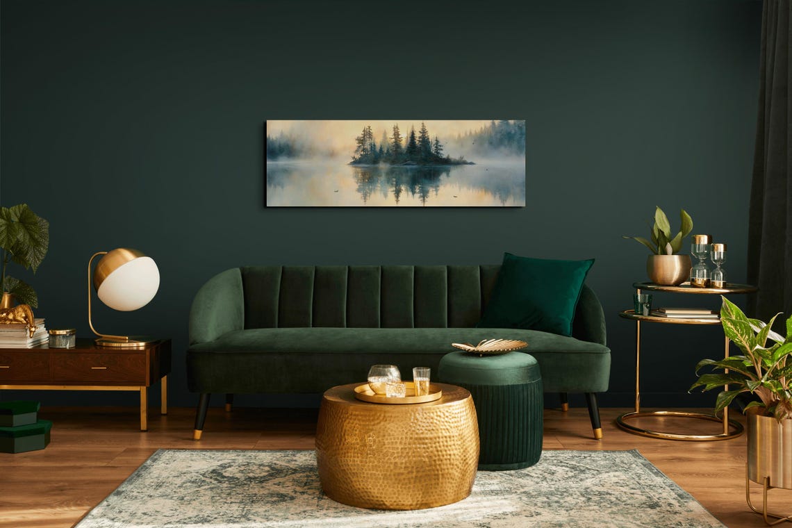 Golden Mist Lake Island Reflection Calm Panoramic Nature Art Poster - Image 6