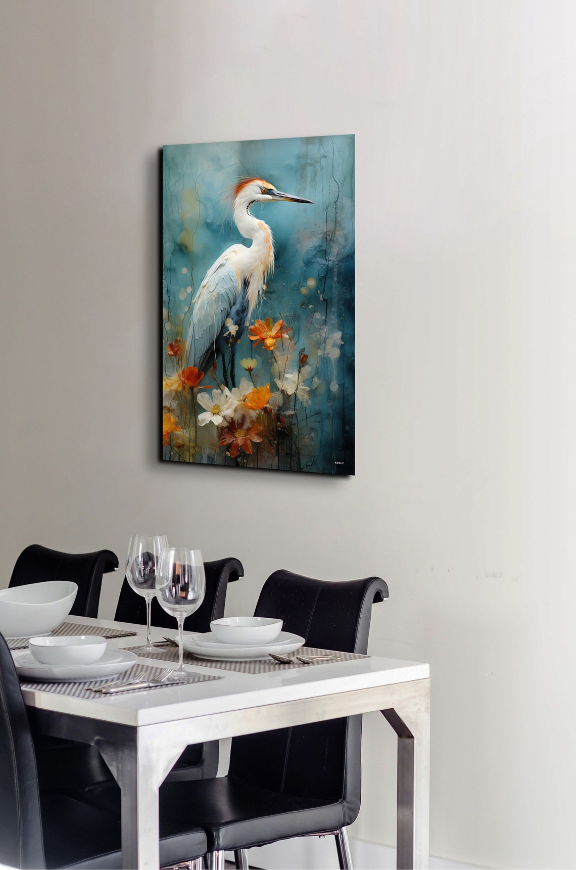 White Heron Among Orange Flowers Watercolor Bird Artwork Poster - Image 6