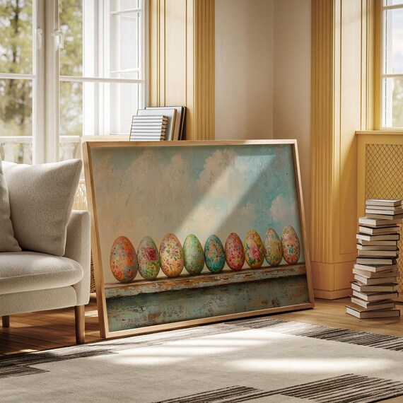 Nine Hand Painted Floral Easter Eggs on Rustic Wooden Shelf Poster