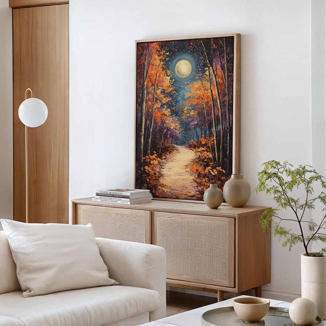 Autumn Forest Path With Full Moon, Rustic Nature Art - Image 5