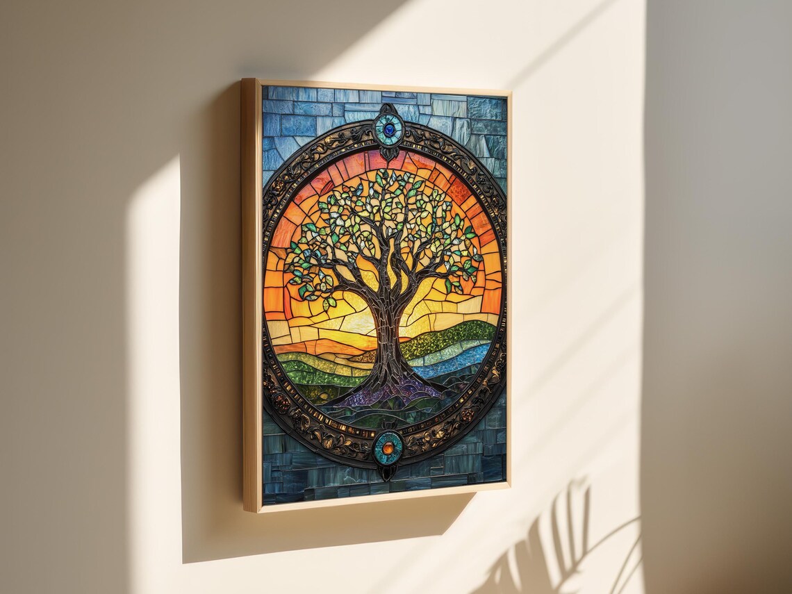Stained Glass Tree Of Life In Ornate Round Frame Sunset Poster - Image 6