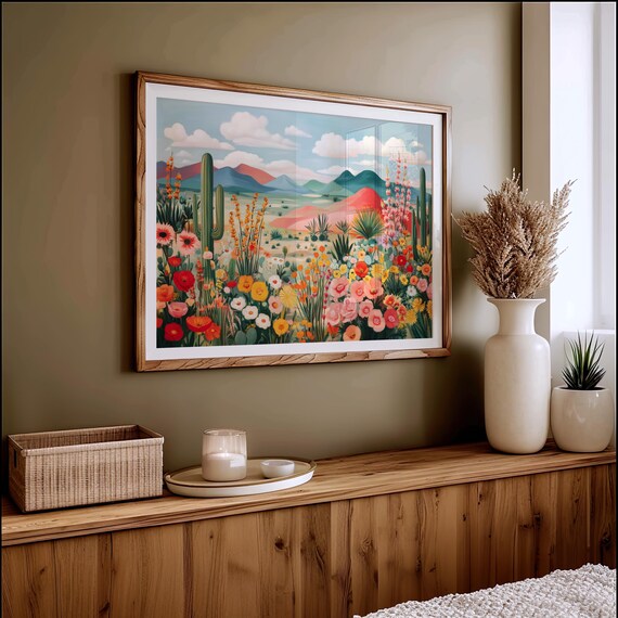 Desert Bloom Cactus And Wildflower Spring Landscape Painting Poster