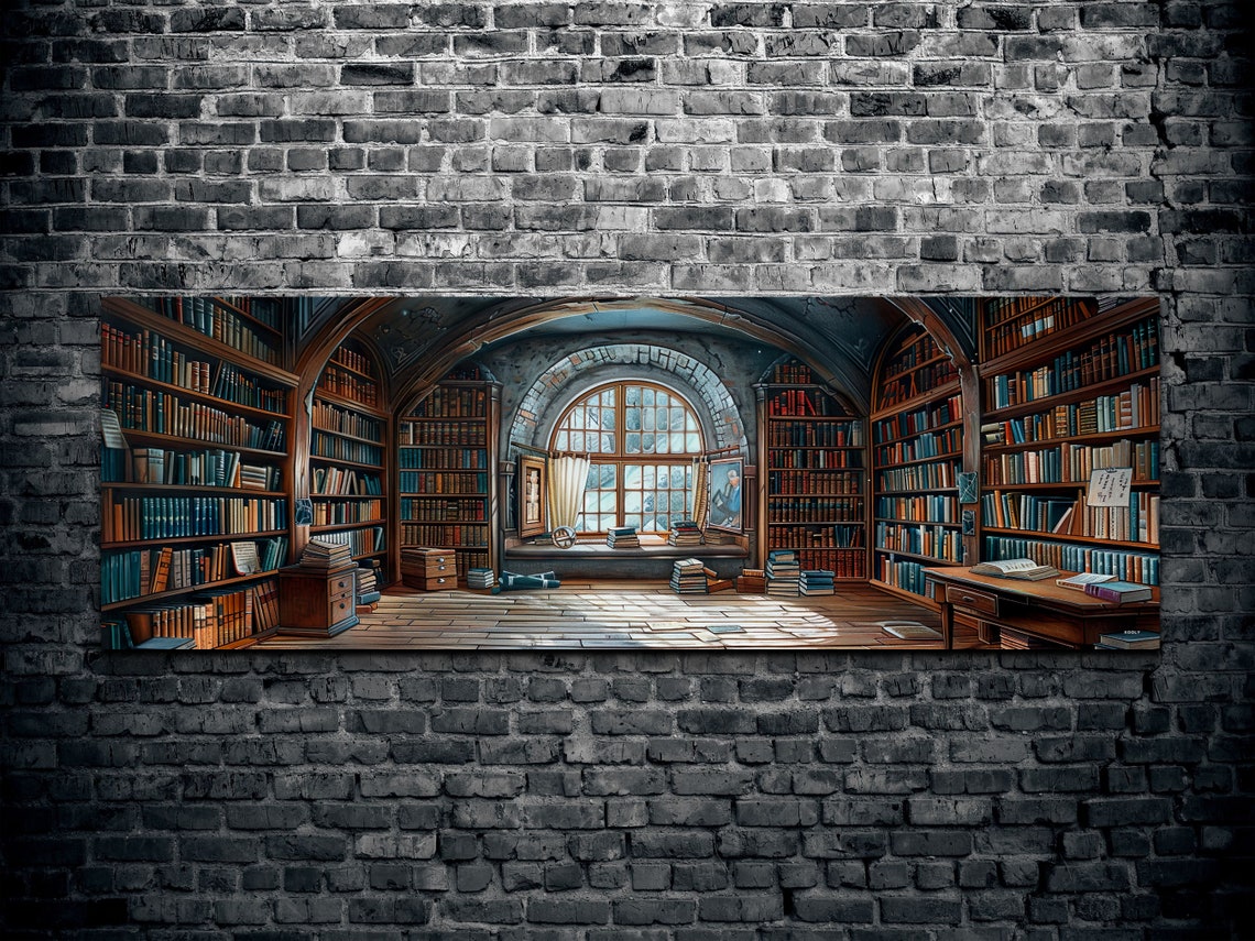 Mystic Library Arched Stone Hall Panoramic Watercolor Wall Art - Image 2