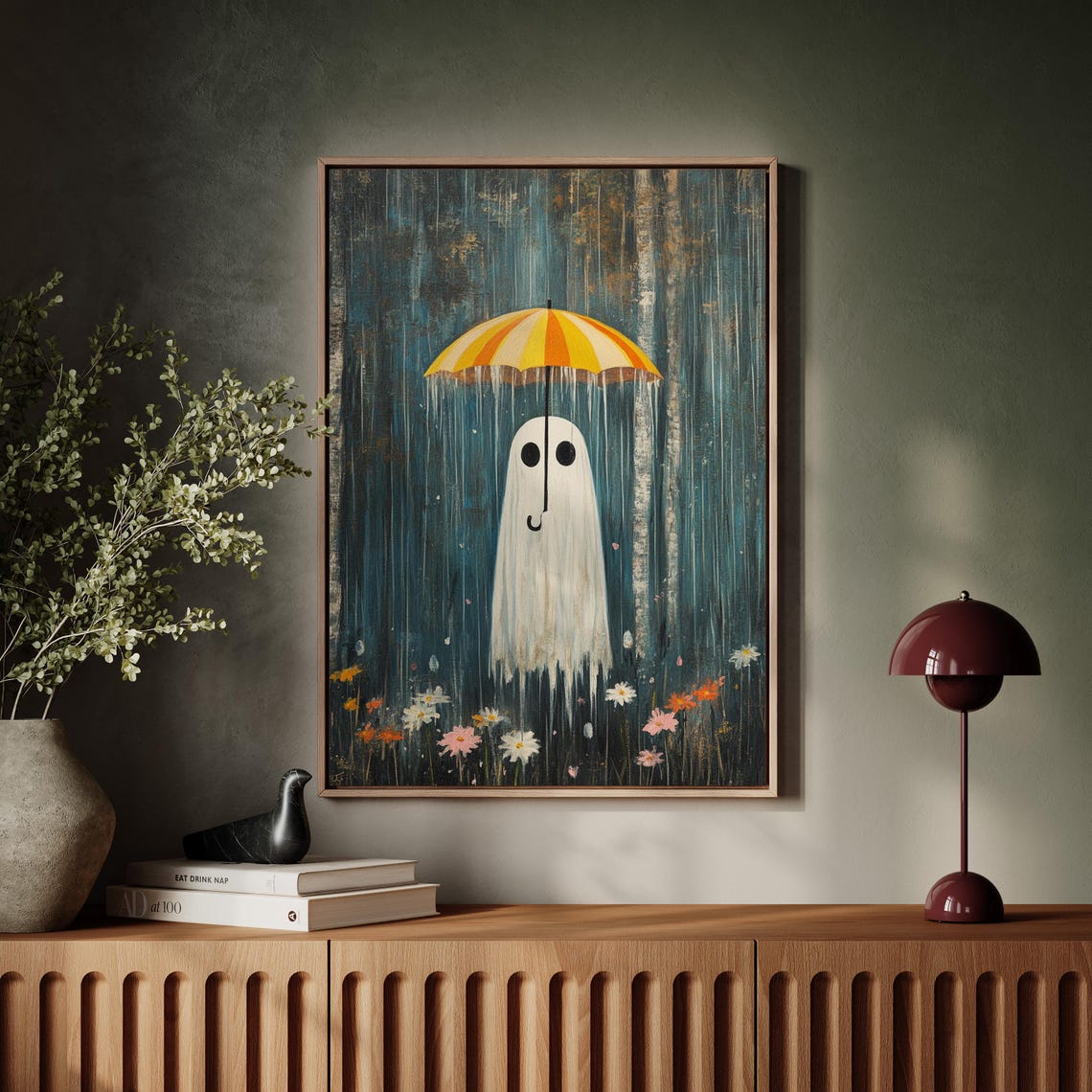 Whimsical Ghost With Umbrella Rainy Forest Wildflowers Poster - Image 7