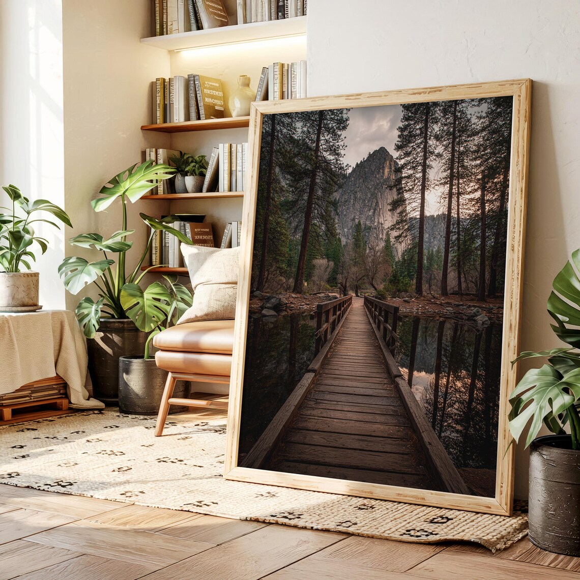 Wooden Bridge Mountain Landscape Art Print, Rustic