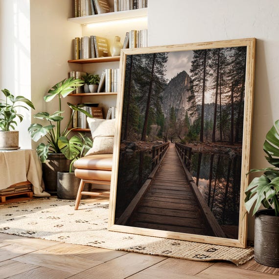 Wooden Bridge Mountain Landscape Art Print, Rustic