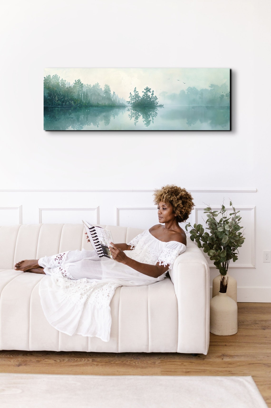 Teal Misty Lake With Green Forest Shoreline Panoramic Poster - Image 4
