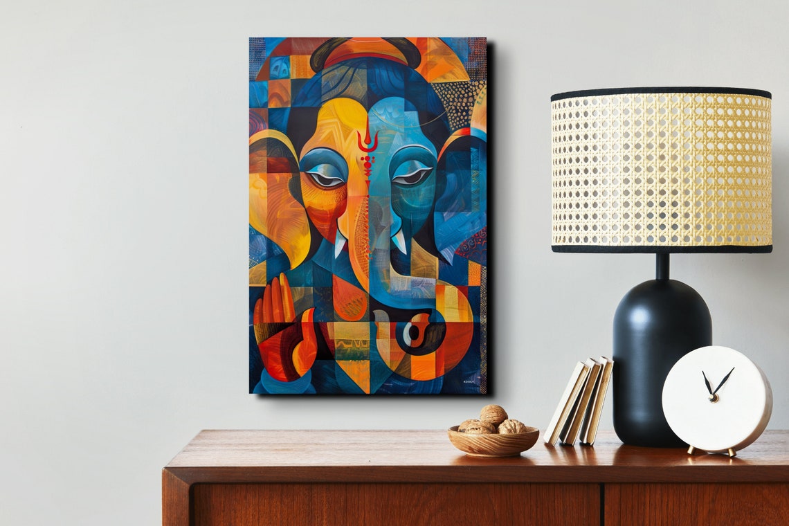 Geometric Cubist Ganesha Portrait in Bold Blue and Orange Wall Art - Image 7