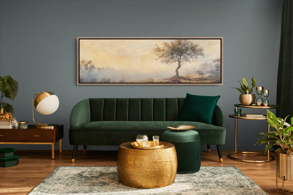 Misty Golden Tree Sunrise Hillside Cabin Panoramic Landscape Poster - Image 4