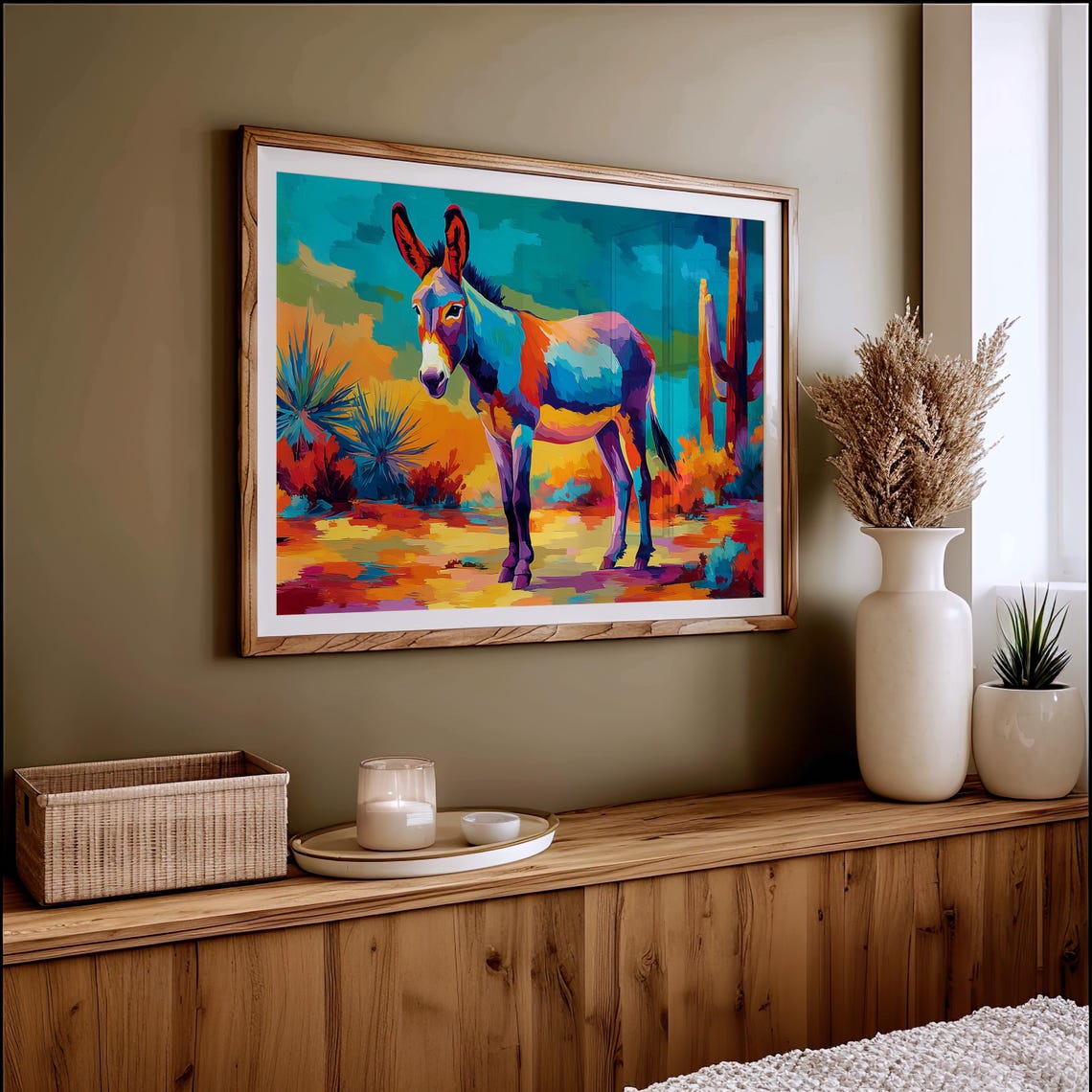 Colorful Donkey In Desert Landscape Pop Art Style Cactus Poster