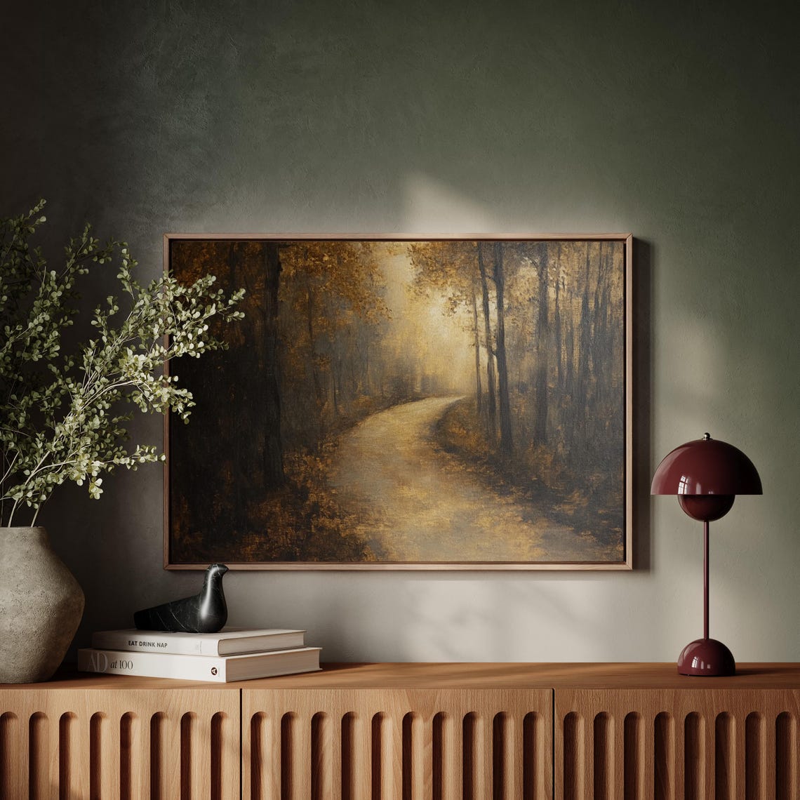 Rustic Dark Misty Forest Road With Golden Light Painting Wall Art - Image 7