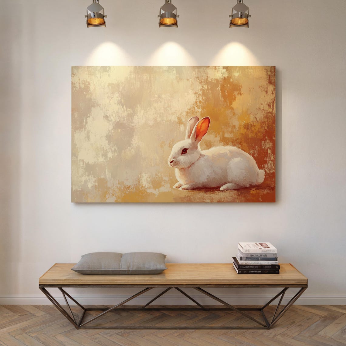 White Rabbit Resting on Warm Golden Textured Background Poster - Image 5