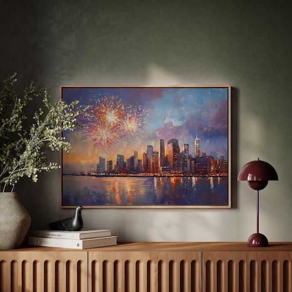 Fireworks Over Modern Waterfront Skyline Dusk Sunset Art Poster