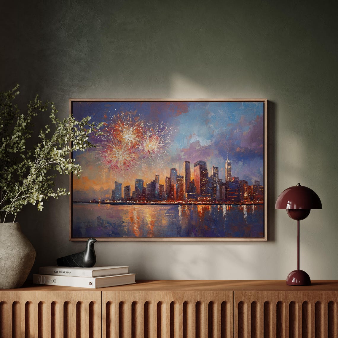 Fireworks Over Modern Waterfront Skyline Dusk Sunset Art Poster