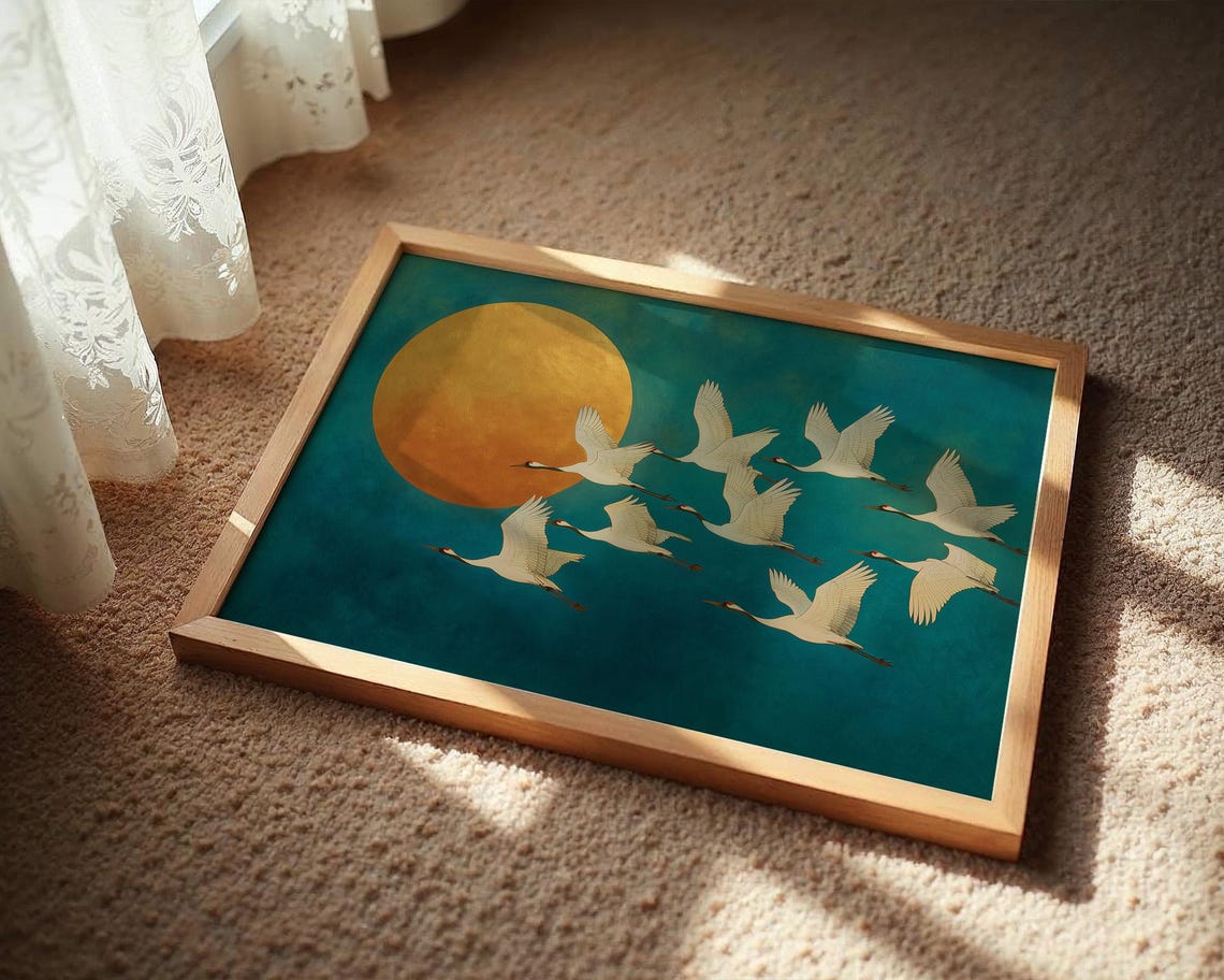 Graceful Flight Of White Cranes Golden Sun Teal Sky Asian Art Poster