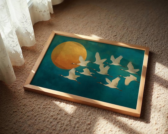 Graceful Flight Of White Cranes Golden Sun Teal Sky Asian Art Poster