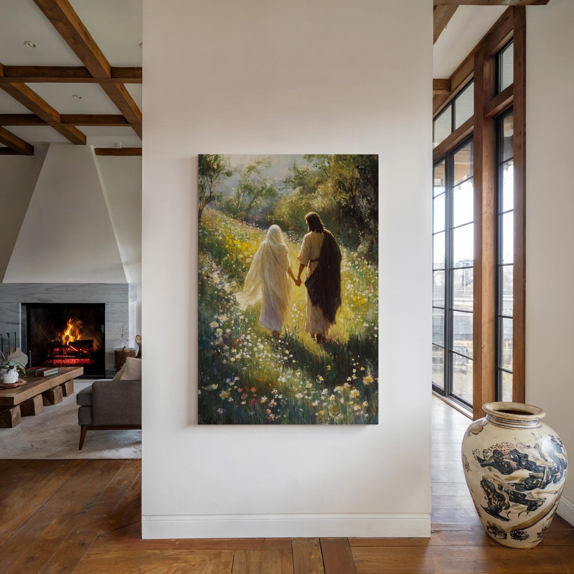 Jesus Walking Meadow With Woman Wildflowers Faith Love Poster - Image 3