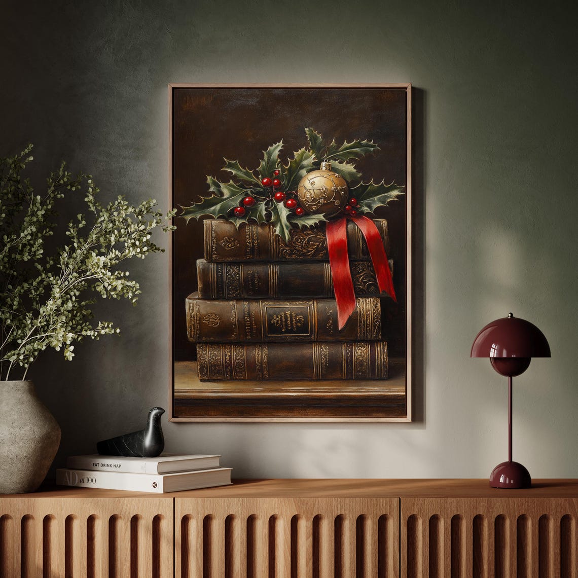 Vintage Christmas Books With Holly Ornament and Ribbon Art Print