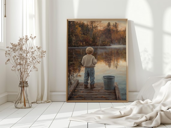 Boy Fishing Autumn Lake Dock Nostalgic Childhood Oil Painting Poster