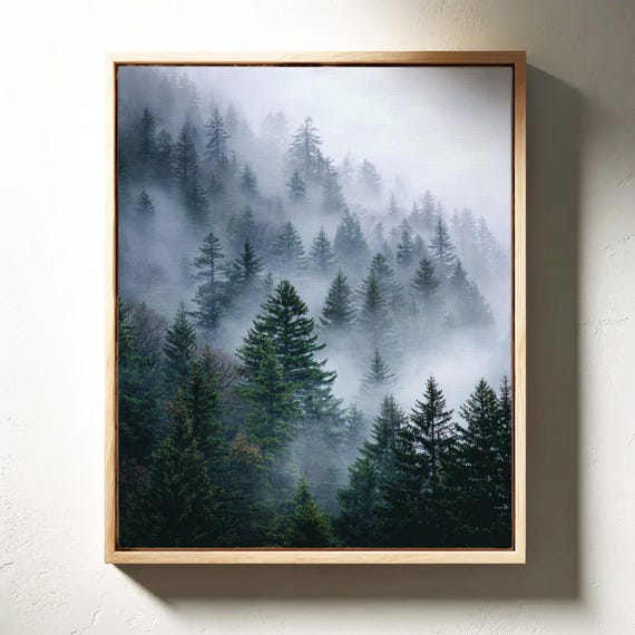 Misty Pine Forest Canvas Foggy Mountain Nature Wall Art