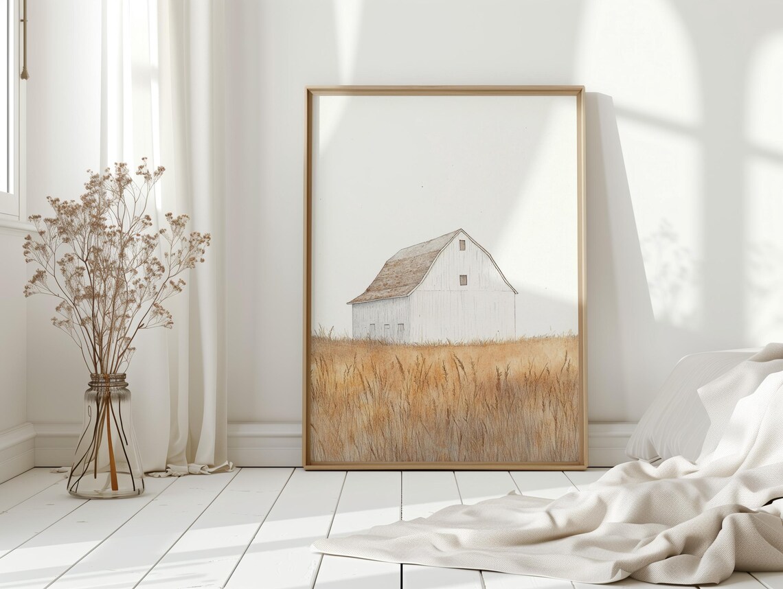 White Barn Golden Wheat Field Minimalist Country Farmhouse Poster