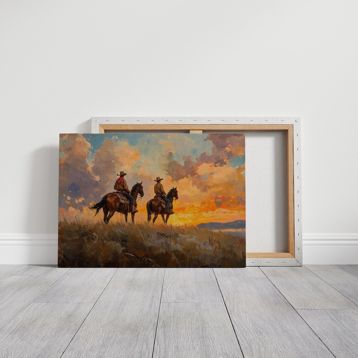 Two Cowboys Riding Away Into Bright Orange Sunset Western Poster - Image 4